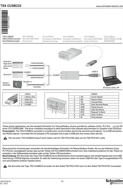 schneider施耐德TSXCUSB232_ USB to RS232 converter_ Quick Reference Guide